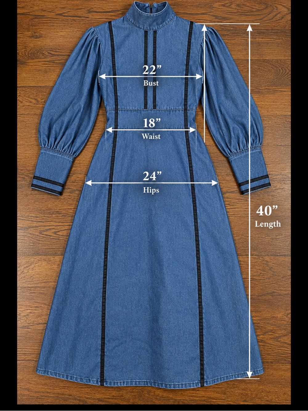 NWT ATTRIME Denim Midi Dress Puff Sleeve High Neck Black Trim Equestrian L/XL - Picture 8 of 16